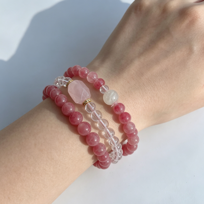 Natural Cherry Blossom Agate & Rhodochrosite Crystal Bracelet – 21mm Focal Bead, Adjustable