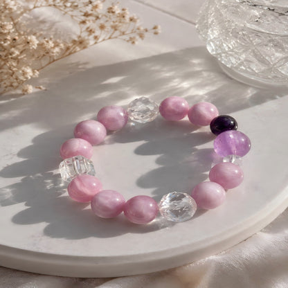 Natural Kunzite Amethyst & Clear Quartz Crystal Bracelet – 10.8-14.3mm Beads, Stretch Cord