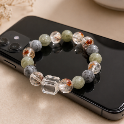 Natural Green Phantom Quartz Crystal Bracelet – 12.6mm Beads, Faceted Clear Quartz Center