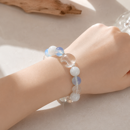 Natural Aquamarine Crystal Bracelet with Moon Charm – 10mm Beads, Stretch Cord