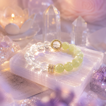 Natural Green Prehnite & Clear Quartz Crystal Bracelet – Gold Accent, Stretch Fit