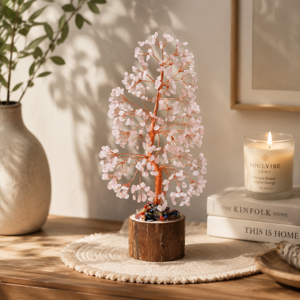 Rose Quartz Crystal Money Tree – Natural Pink Gemstone Feng Shui Decor | SoulVibe Gems