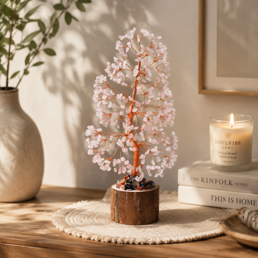 Rose Quartz Crystal Money Tree – Natural Pink Gemstone Feng Shui Decor | SoulVibe Gems