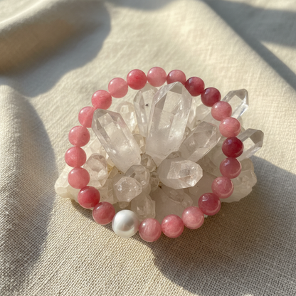 Natural Cherry Blossom Agate & Snow Phantom Quartz Bracelet – 10mm Beads, 17.5cm