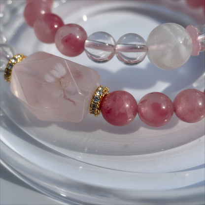 Cherry Blossom Rain & Rhodochrosite & Clear Quartz Bracelet | Adjustable | Love & Clarity Energy featuring pink and clear beads with gold accents.