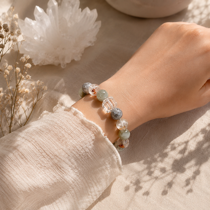 Natural Green Phantom Quartz Crystal Bracelet – 12.6mm Beads, Faceted Clear Quartz Center