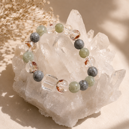 Natural Green Phantom Quartz Crystal Bracelet – 12.6mm Beads, Faceted Clear Quartz Center