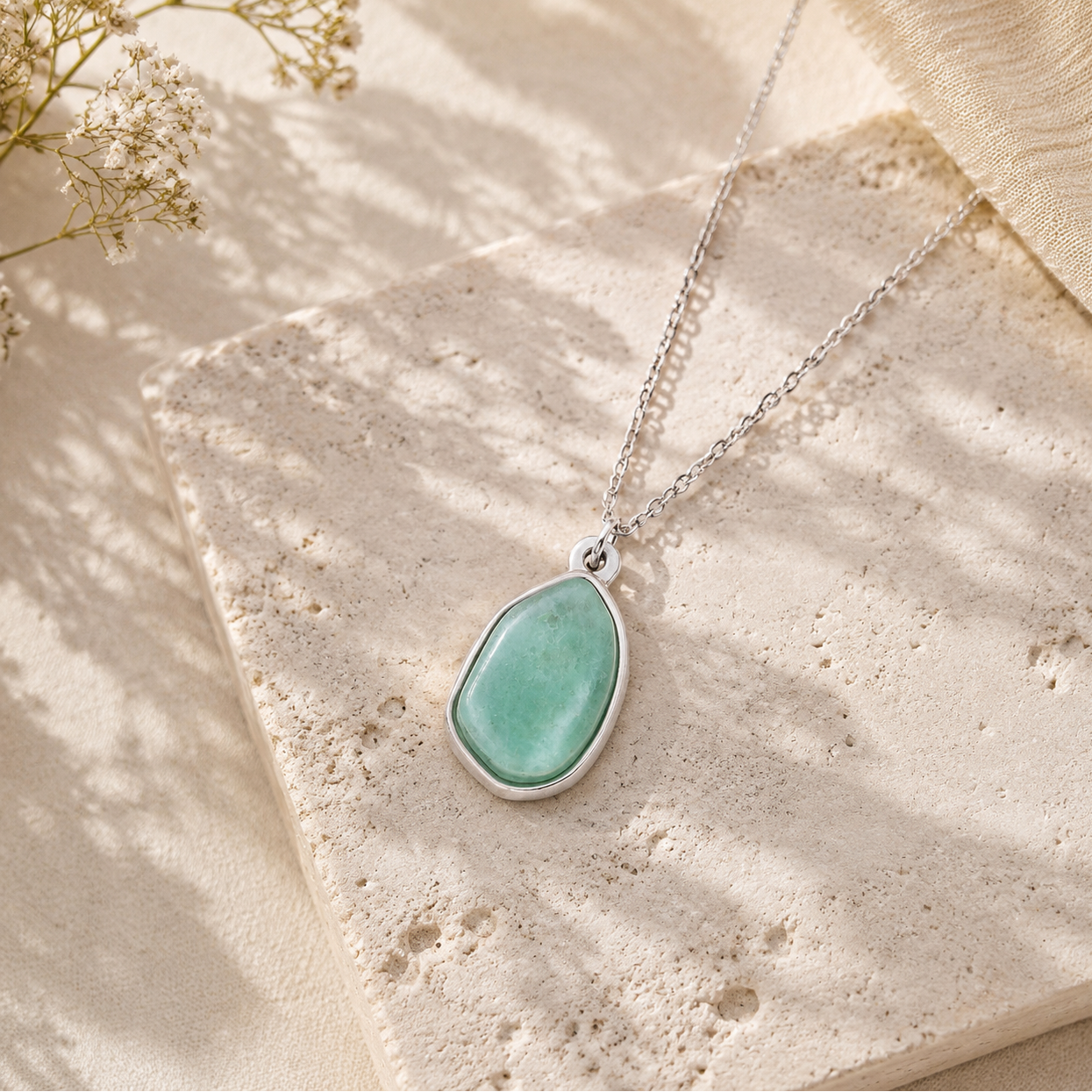 Natural Stone Pendant Necklace | Stainless Steel Chain | 17×12mm Gemstone