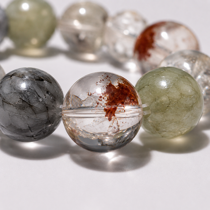 Natural Green Phantom Quartz Crystal Bracelet – 12.6mm Beads, Faceted Clear Quartz Center