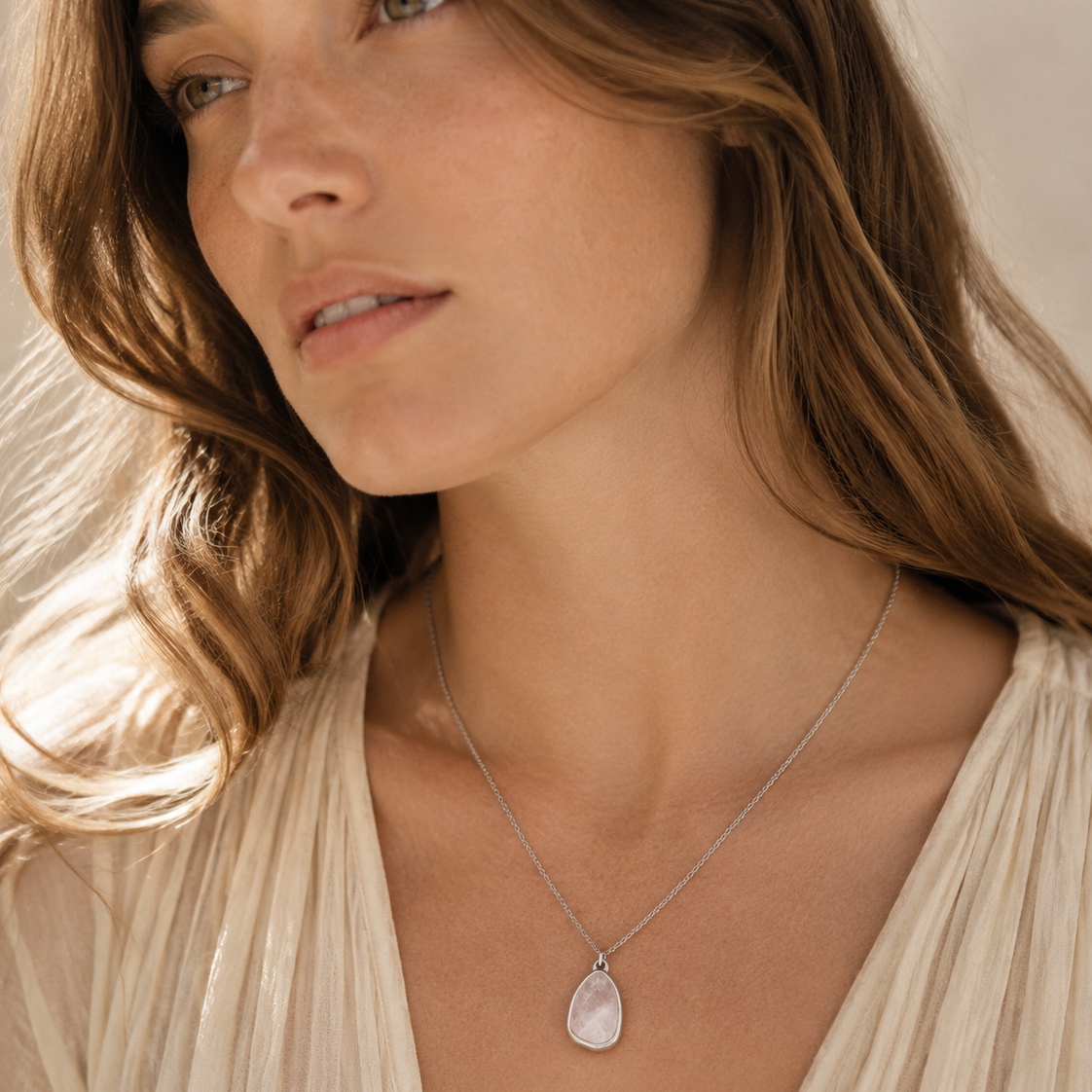 Natural Stone Pendant Necklace | Stainless Steel Chain | 17×12mm Gemstone