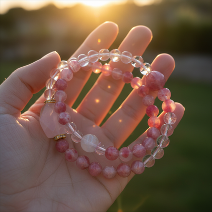 Cherry Blossom Rain & Rhodochrosite & Clear Quartz Bracelet | Adjustable | Love & Clarity Energy featuring pink and clear beads in a hand.