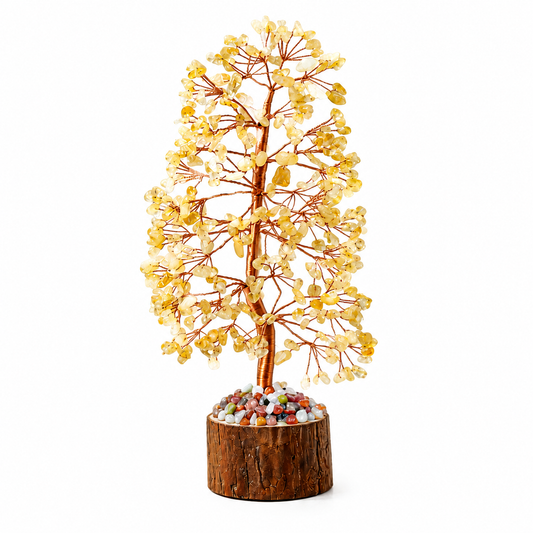 Natural Citrine Crystal Money Tree – Yellow Gemstone Feng Shui Decor, Copper Wire & Wood Base