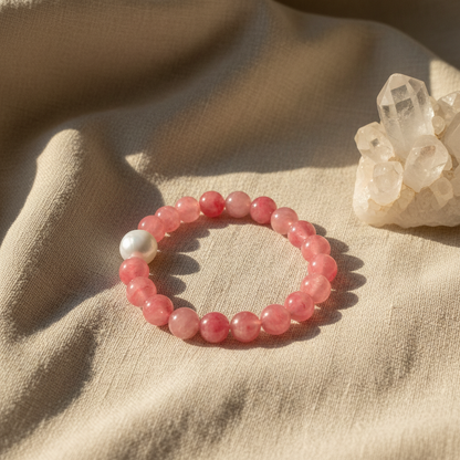 Natural Cherry Blossom Agate & Snow Phantom Quartz Bracelet – 10mm Beads, 17.5cm