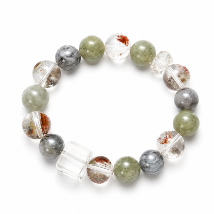 Natural Green Phantom Quartz Crystal Bracelet – 12.6mm Beads, Faceted Clear Quartz Center