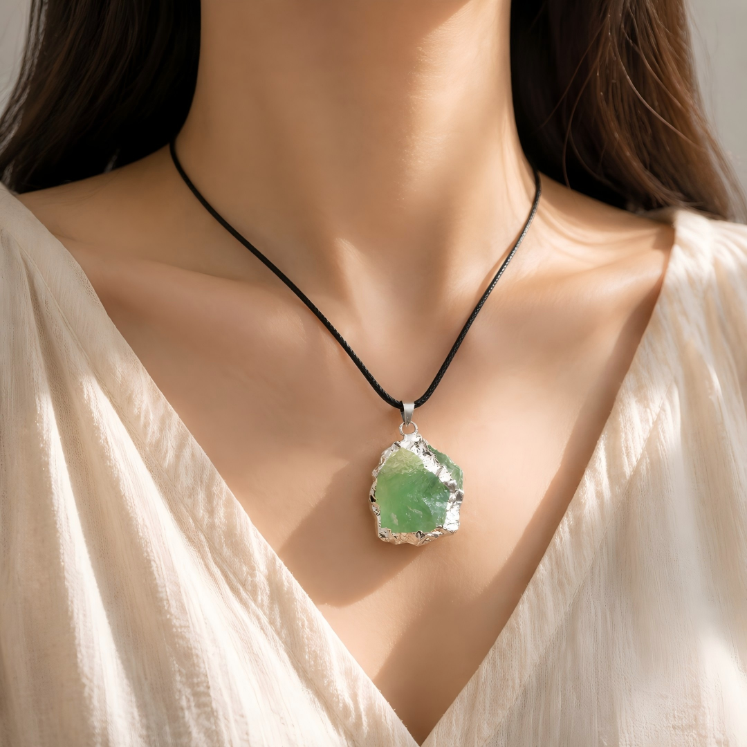 Raw Crystal Pendant Necklace | Natural Gemstone Silver-Edged Stone Jewelry