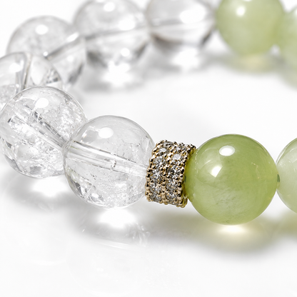 Natural Green Prehnite & Clear Quartz Crystal Bracelet – Gold Accent, Stretch Fit