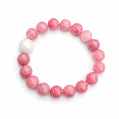 Natural Cherry Blossom Agate & Snow Phantom Quartz Bracelet – 10mm Beads, 17.5cm