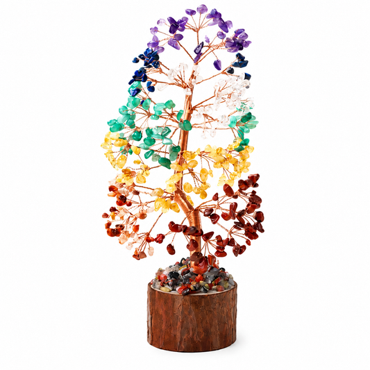 7 Chakra Crystal Money Tree – Natural Gemstone Feng Shui Decor, 23cm, Copper Wire & Wood Base