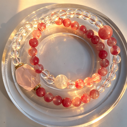Natural Cherry Blossom Agate & Rhodochrosite Crystal Bracelet – 21mm Focal Bead, Adjustable