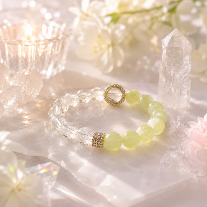 Natural Green Prehnite & Clear Quartz Crystal Bracelet – Gold Accent, Stretch Fit
