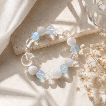 Natural Aquamarine Crystal Bracelet with Moon Charm – 10mm Beads, Stretch Cord