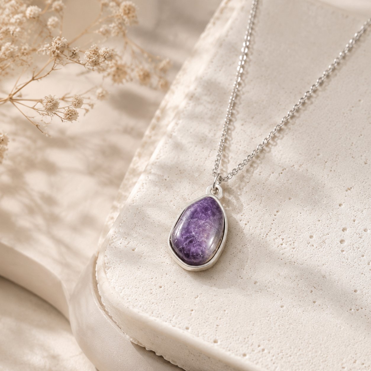 Natural Stone Pendant Necklace | Stainless Steel Chain | 17×12mm Gemstone