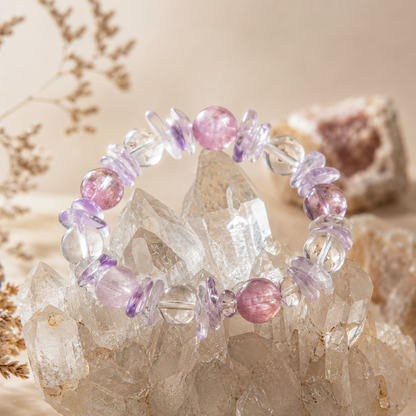 Natural Lepidolite Amethyst Crystal Bracelet – Lavender Purple, Mixed Beads up to 13.5mm