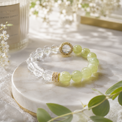 Natural Green Prehnite & Clear Quartz Crystal Bracelet – Gold Accent, Stretch Fit