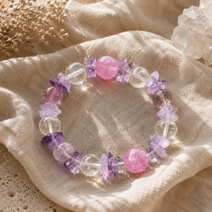 Natural Lepidolite Amethyst Crystal Bracelet – Lavender Purple, Mixed Beads up to 13.5mm