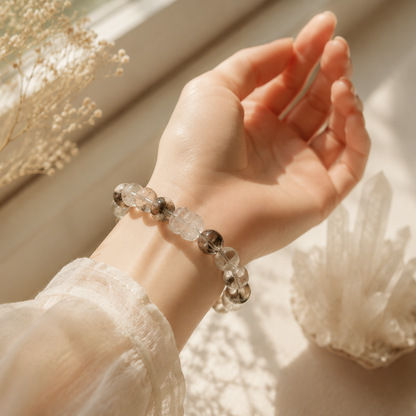 Natural Phantom Quartz Crystal Bracelet – 12mm Beads, Stretch Cord