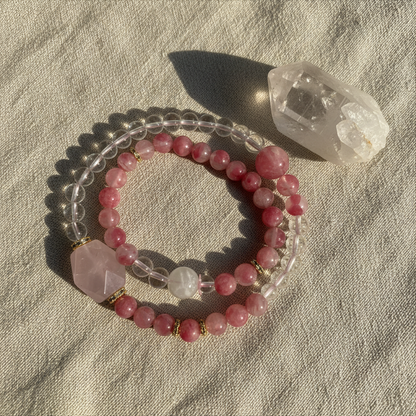 Cherry Blossom Rain & Rhodochrosite & Clear Quartz Bracelet | Adjustable | Love & Clarity Energy featuring pink and clear beads.