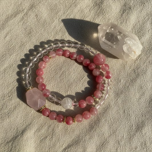 Cherry Blossom Rain & Rhodochrosite & Clear Quartz Bracelet | Adjustable | Love & Clarity Energy featuring pink and clear beads.