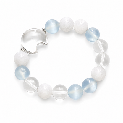 Natural Aquamarine Crystal Bracelet with Moon Charm – 10mm Beads, Stretch Cord