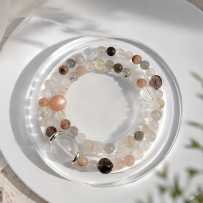 Natural Rutilated Quartz & Clear Quartz Crystal Bracelet – Multi-Stone, Adjustable