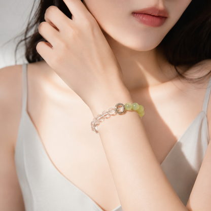 Natural Green Prehnite & Clear Quartz Crystal Bracelet – Gold Accent, Stretch Fit