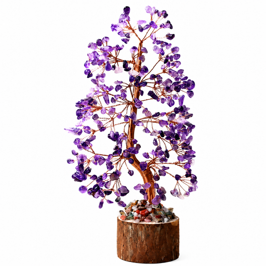 Natural Amethyst Crystal Money Tree – Purple Gemstone Feng Shui Decor, Copper Wire & Wood Base