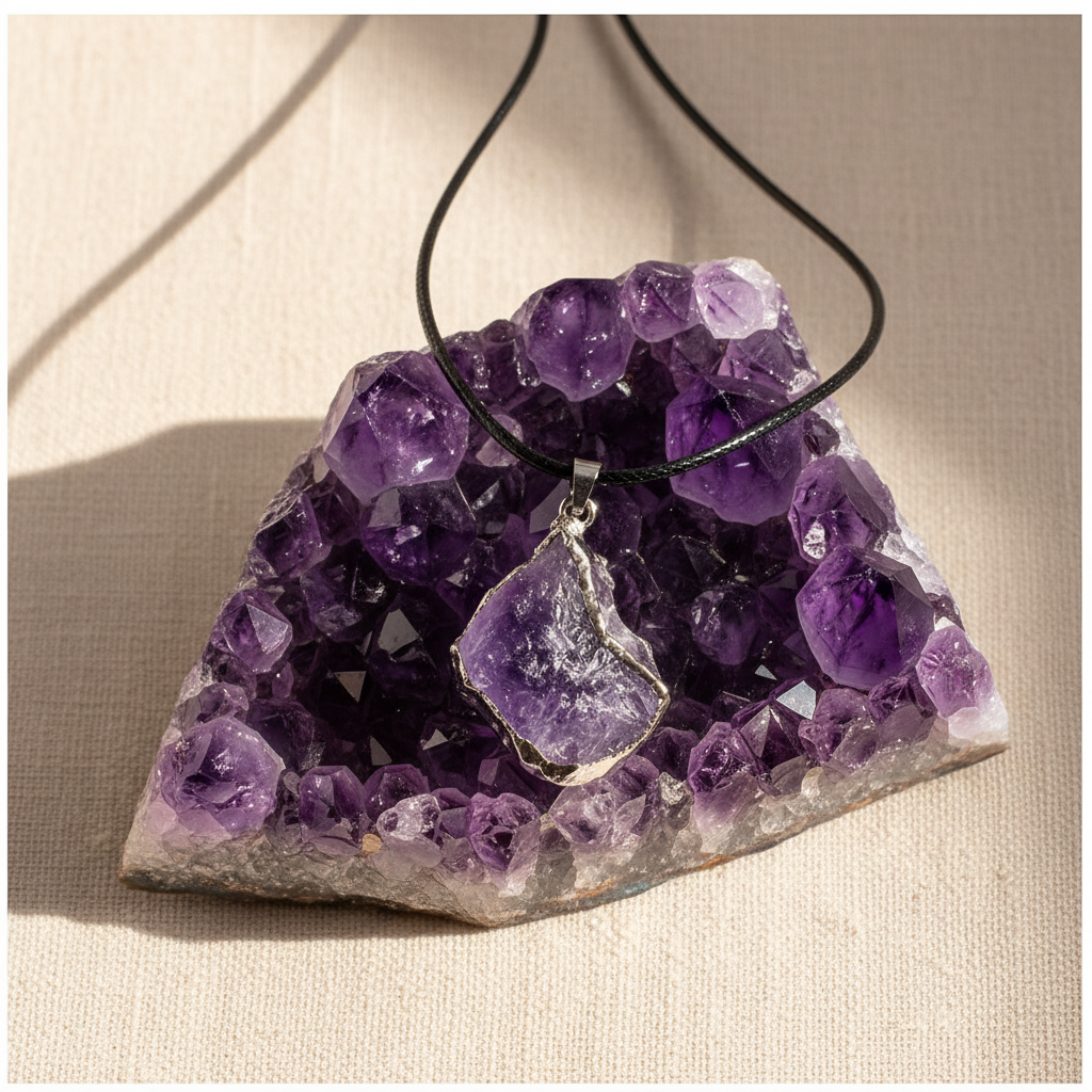 Raw amethyst pendant on crystal cluster