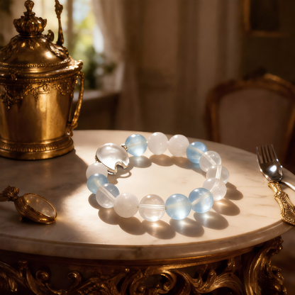 Natural Aquamarine Crystal Bracelet with Moon Charm – 10mm Beads, Stretch Cord