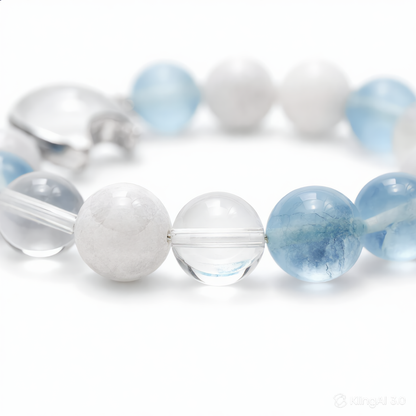 Natural Aquamarine Crystal Bracelet with Moon Charm – 10mm Beads, Stretch Cord