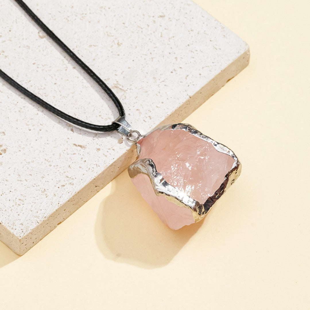 Raw Crystal Pendant Necklace | Natural Gemstone Silver-Edged Stone Jewelry