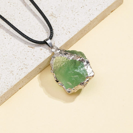 Natural Raw Crystal Pendant Necklace – Silver Electroplated Edge, Black Wax Cord, 7 Stone Options